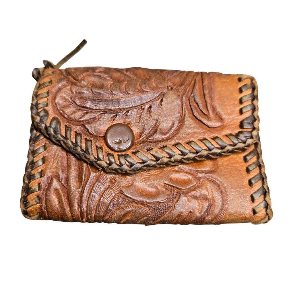 Vintage Hand Tooled Leather Key Case Walet Brown Floral Western